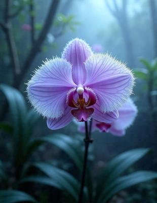 The primary subject of the image is a purple orchid flower with white petals. The flower is situated in a forest setting, surrounded by green plants and trees. The visual style of the image is a close-up of the flower, showcasing its details and beauty. The dominant colors in the image are purple and white, creating a serene and natural atmosphere.